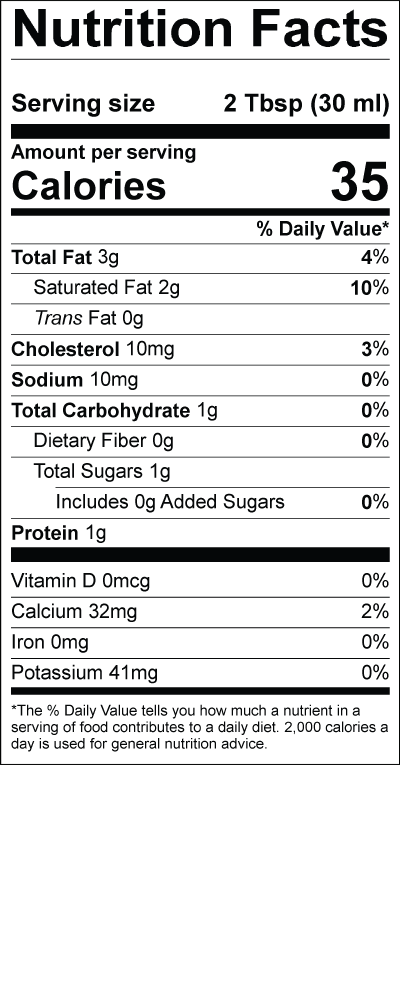 Smith's Fresh Half and Half Nutritional Label