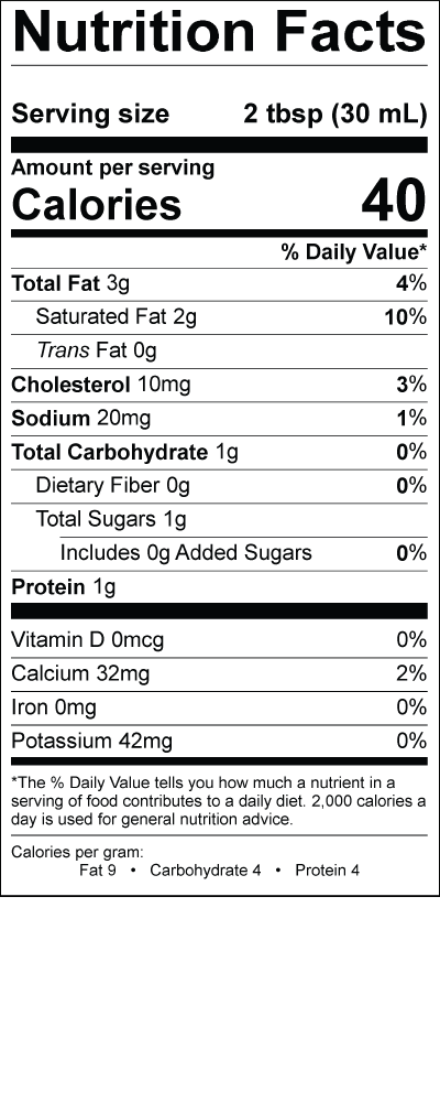 Smith's Premium Ultra Pasteurized Half and Half Nutrition Label